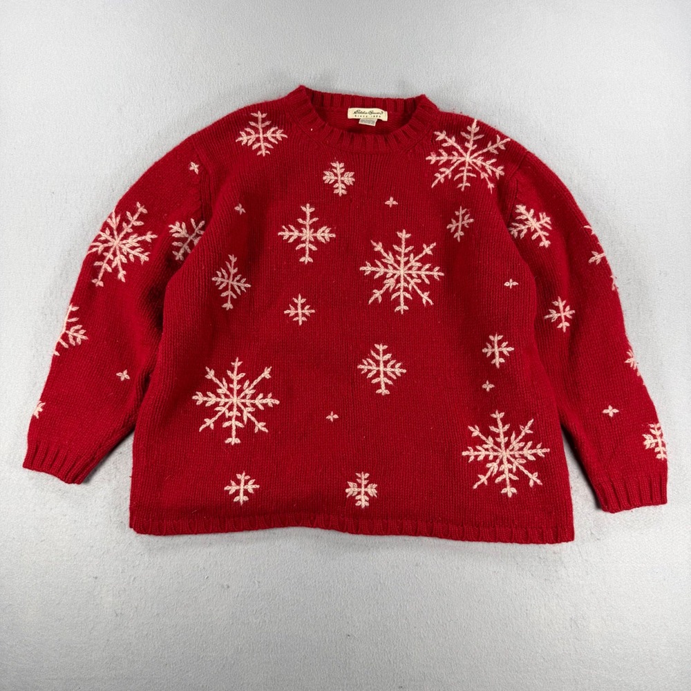Eddie Bauer Womens Red Wool Snowflake Sweater XL Petite Crew Neck Holiday Winter